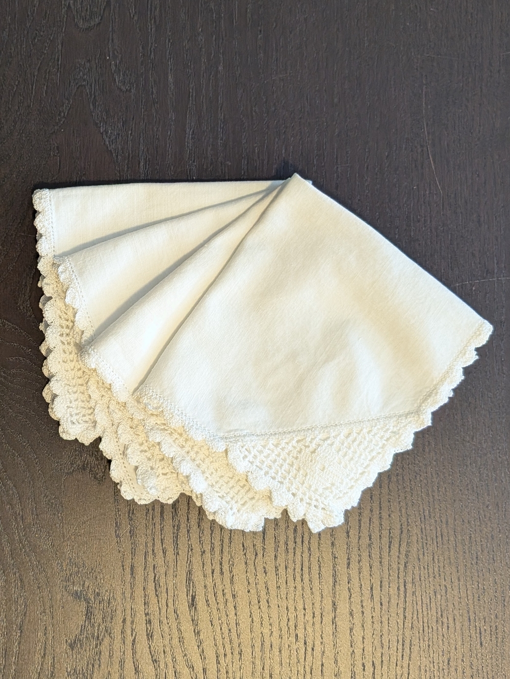 Vintage Set Of 4 Crocheted Edge Cotton Napkins Or Handkerchiefs